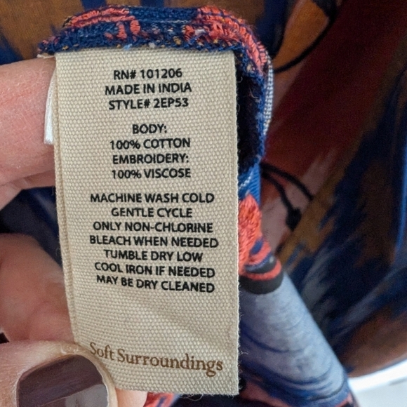 Soft Surroundings blue orange ikat embroidered duster kimono sz L NWT - Picture 9 of 9